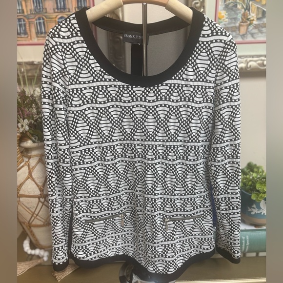 FRANK LYMAN Sheer Back Black & White Geometric Button Down Formal Blouse Sz S-M - Picture 4 of 11